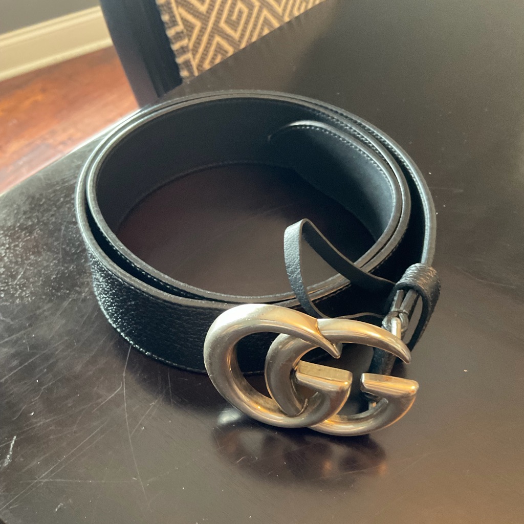 Gucci Marmont Double Gg Logo Buckle Black Leather Men Belt Made In Italy 90/36
